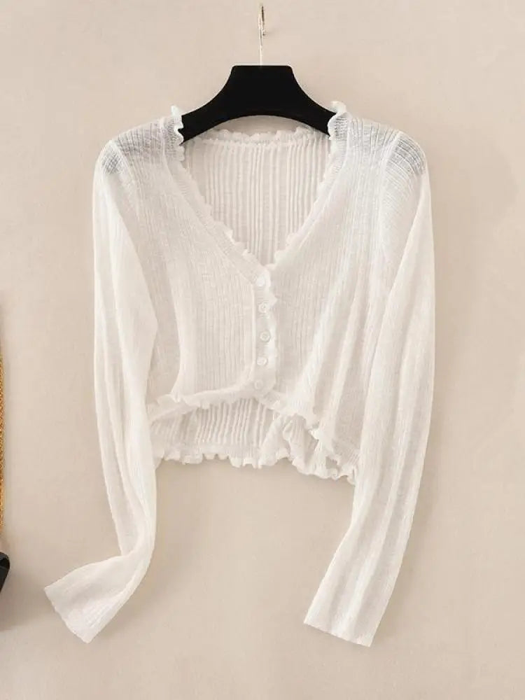 2025 Sping Summer New Women's Solid Fashion V-neck Long Sleeve Cardigan Knitted Tops Single Breasted Sun Protection Clothes Chic
