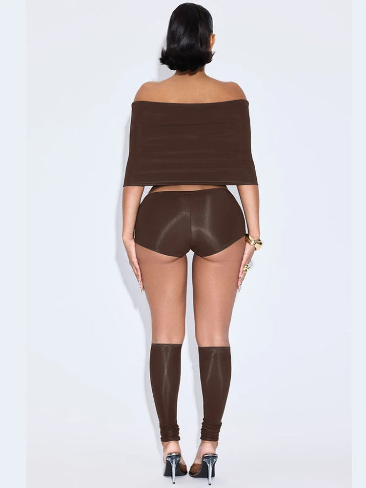 Fashion Hipster 3 Piece Set Women Slash Neck Mid Sleeve Crop Tops+Shorts+Foot Cover Simple Summer Matching Streetwear