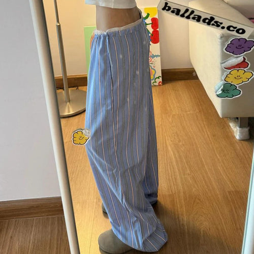 Load image into Gallery viewer, Sweet Stripe Lace Patchwork Women Pants Low Waist Drawstring Harajuku Korean Trousers Straight Leg Bottoms Basic New
