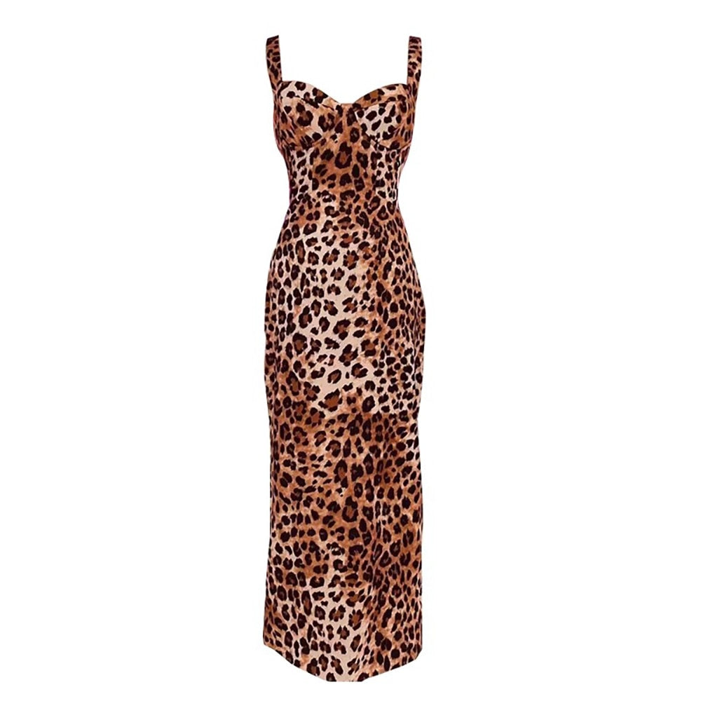 Backless Leopard Dresses For Women Square Collar Sleeveless High Waist Sexy Split Dress Female Fashion Clothing