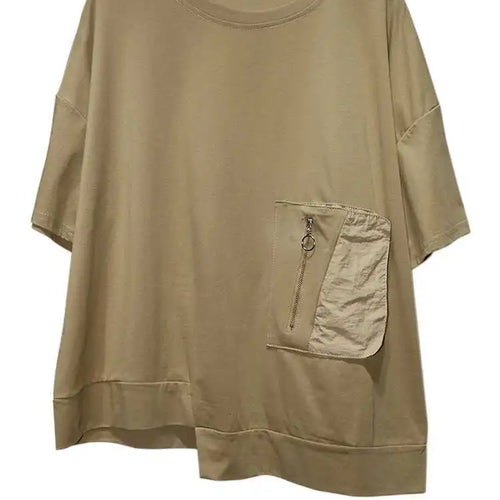 Load image into Gallery viewer, Women White Irregular Pocket Big Size Casual T-shirt New Round Neck Short Sleeve Fashion Tide Spring Summer 2025  1DJ0620
