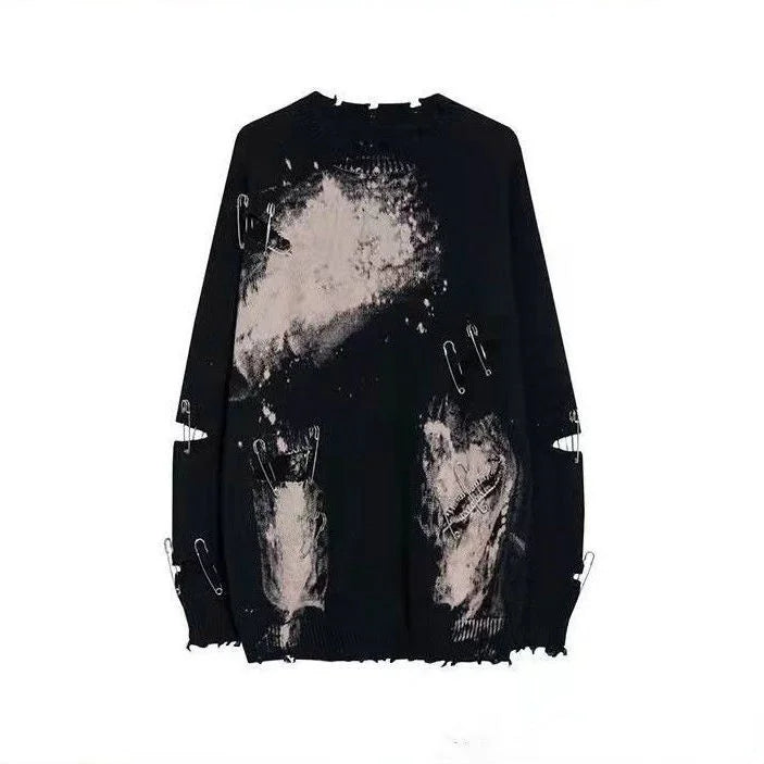 Tie Dye Pins Ripped Holes Knitting Sweaters Hip Hop Streetwear Pullover 2025 Harajuku Loose Black Tops Vintage Jumpers