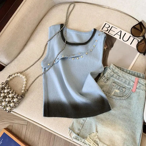 Load image into Gallery viewer, Korean Blue Pink Patchwork Hollow Out Slim Short Knitted Vest Summer Women Round Neck Sleeveless Holiday Pullover Tops 2025 Chic
