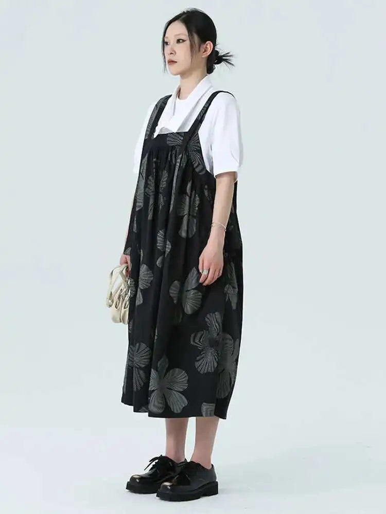 Women Black Pattern Printed Big Size Strap Dress New Square Collar Sleeveless Fashion Tide Spring Autumn 2025 1DH4956