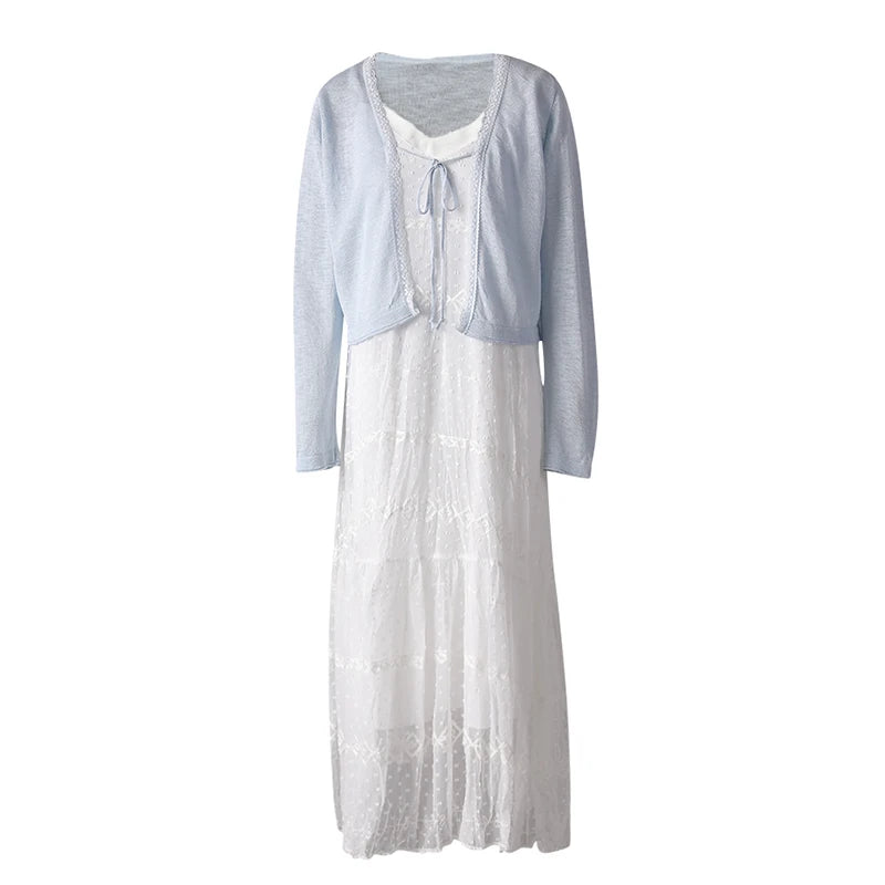 Women White Lace Jacquard Elegant Long Spaghetti Strap Dress New V-Neck Sleeveless Fashion Tide Spring Summer 2025 CPG3081