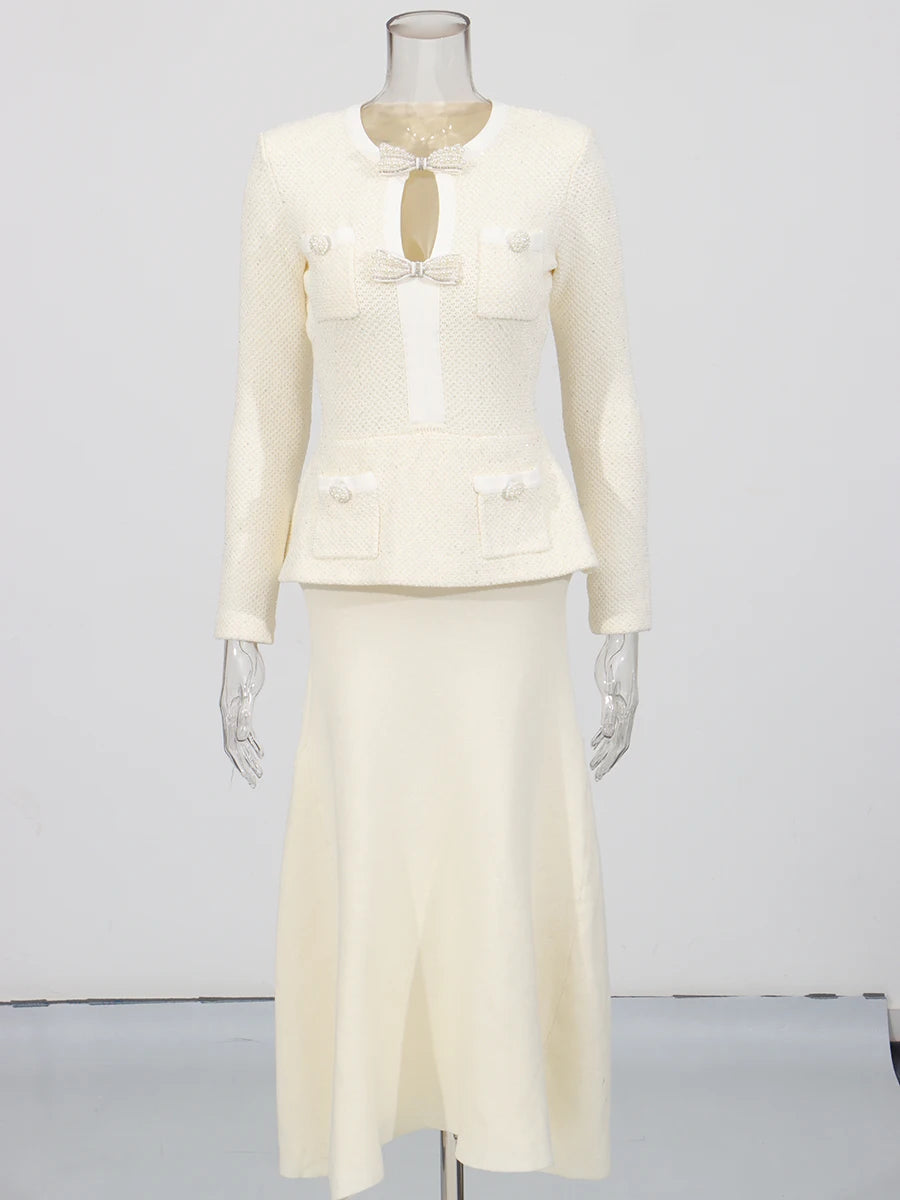 Slimming Spliced Bowknot Fake Two Pieces Dresses for Women Round Neck Long Sleeves Patchwork Pockets Dress Female