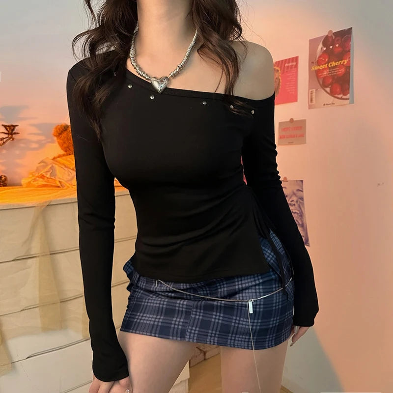 Skew Neck With Rivet Skinny T-shirt Women‘s Black Long Sleeve Side Drawstring Design Top Tees Female Daily Streetwear