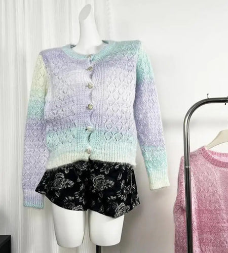 Vintage 2024 Women's Purple Rainbow Elegant Festival Knit Tops Autumn Winter Pink Gradient Crew Neck Hollow Out Vacation Sweater