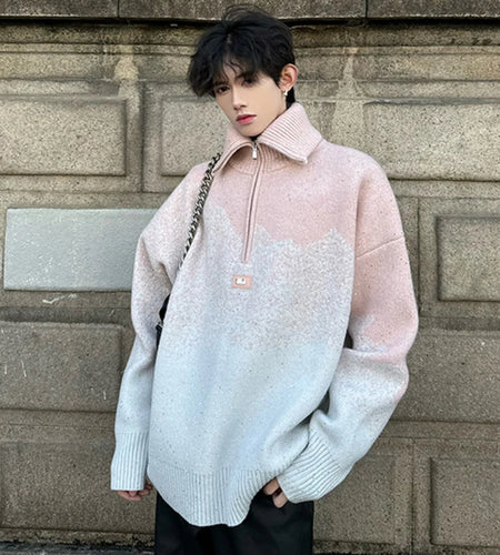 Gradient Color Male Pullover Sweater Fashion Lapel Zipper Sequin Design Men's Knitting Pulllovers New Stylish Spring 9C4128