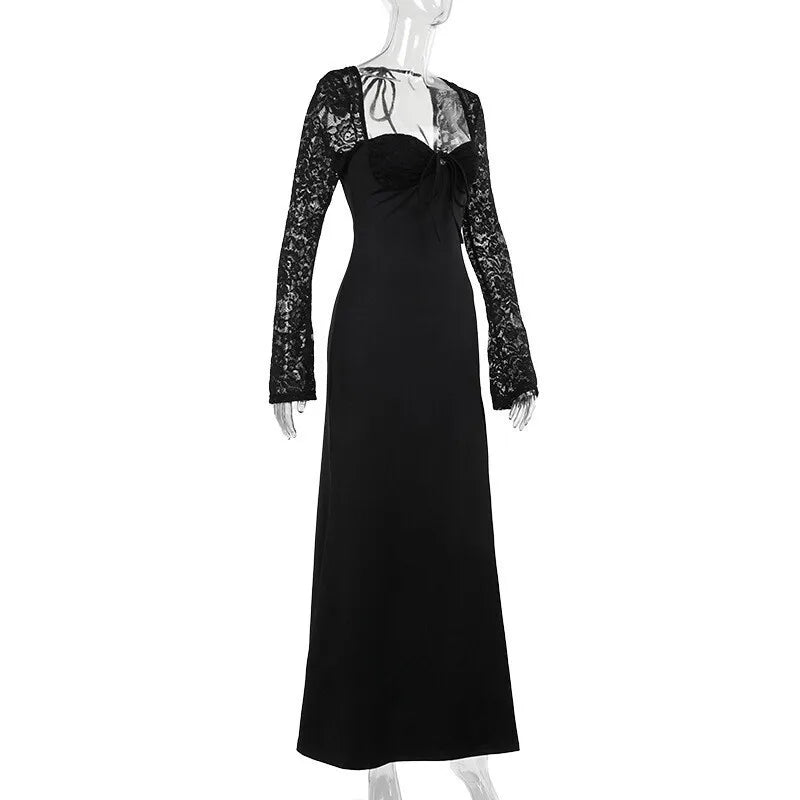 Lace Long Sleeve Sexy Maxi Dress Women Autumn New Square Collar Backless Lace-up High Split Sexy Club Party Long Dress