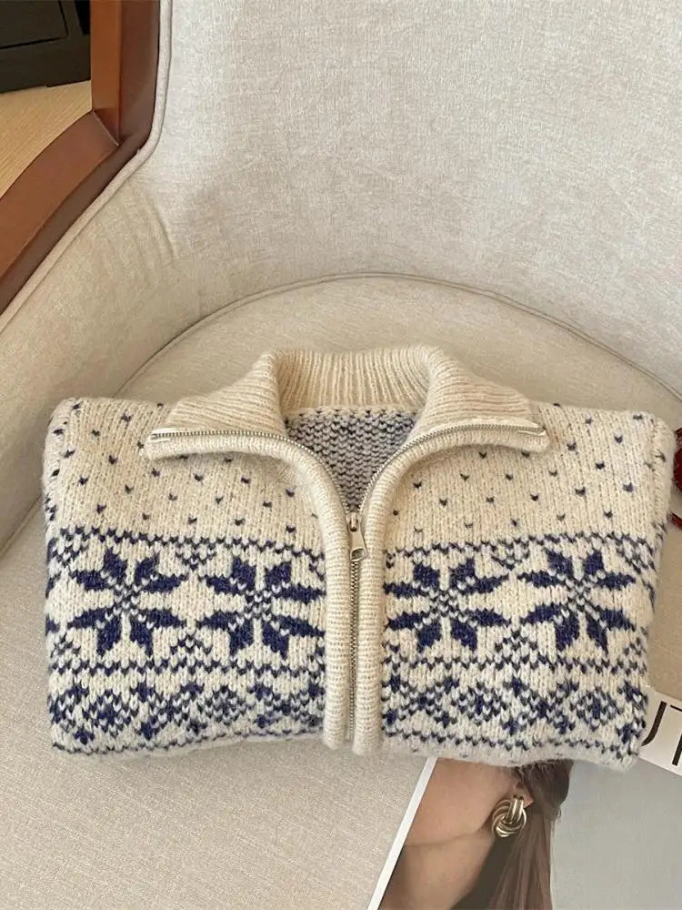 French Autumn Winter Beige Print Elegant Zipper Cardigan Short Sweater Women's Vintage 2024 New Long Sleeved Knitted Tops Trendy