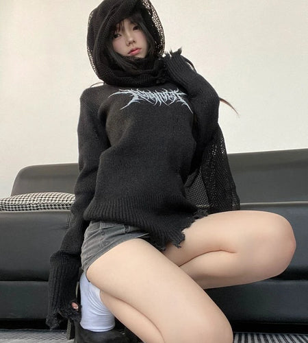 Harajuku Vintage Grunge Printing Sweaters Women Y2k Aesthetic Turtleneck Hole Jumpers 2025 Streetwear Casual Gothic Pullovers