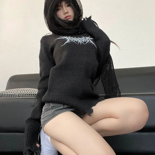 Load image into Gallery viewer, Harajuku Vintage Grunge Printing Sweaters Women Y2k Aesthetic Turtleneck Hole Jumpers 2025 Streetwear Casual Gothic Pullovers
