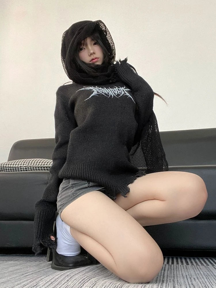 Harajuku Vintage Grunge Printing Sweaters Women Y2k Aesthetic Turtleneck Hole Jumpers 2025 Streetwear Casual Gothic Pullovers