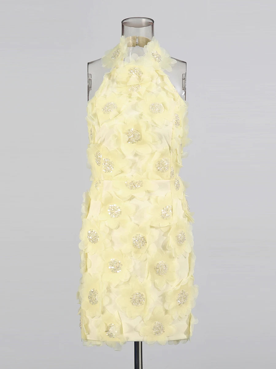 Solid Spliced 3D Flower Elegant Dresses for Women Halter Sleeveless Patchwork Sequins Fashion Mini Dress Female New