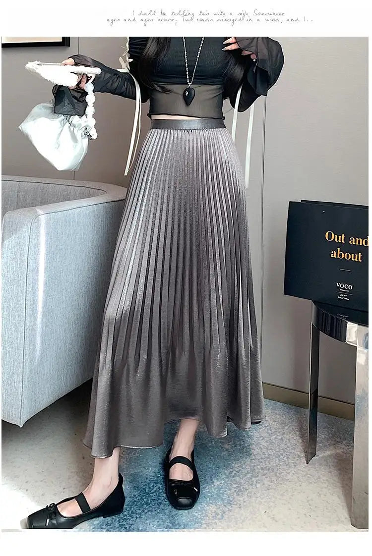 Spring Summer French Fashion Black Beige Elegant Sexy Pleated Long Skirt Women Grey High Waist Festival Slim Skirts 2025 Popular