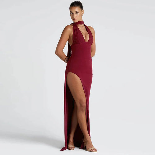 Load image into Gallery viewer, Scarf Collar Backless Sexy Maxi Dress Women Gown Fashion Halter Deep V Neck Thigh High Split Bodycon Long Dress
