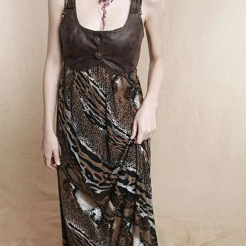 Load image into Gallery viewer, Women Coffee Leopard Printed Long Spaghetti Strap Dress New Square Collar Sleeveless Fashion Spring Autumn 2025 1DH8446
