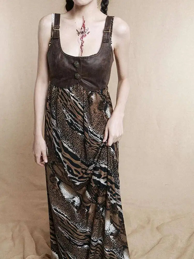 Women Coffee Leopard Printed Long Spaghetti Strap Dress New Square Collar Sleeveless Fashion Spring Autumn 2025 1DH8446