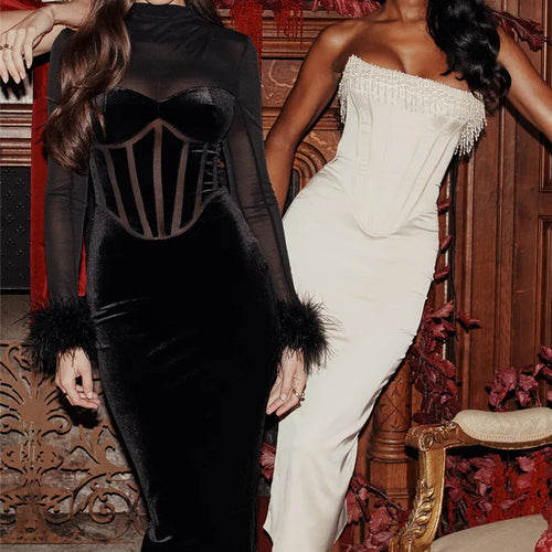 Load image into Gallery viewer, Elegant Feather Sexy Midi Dress For Women Black Fashion Sheer Long Sleeve Backless Bodycon Club Party Long Dress
