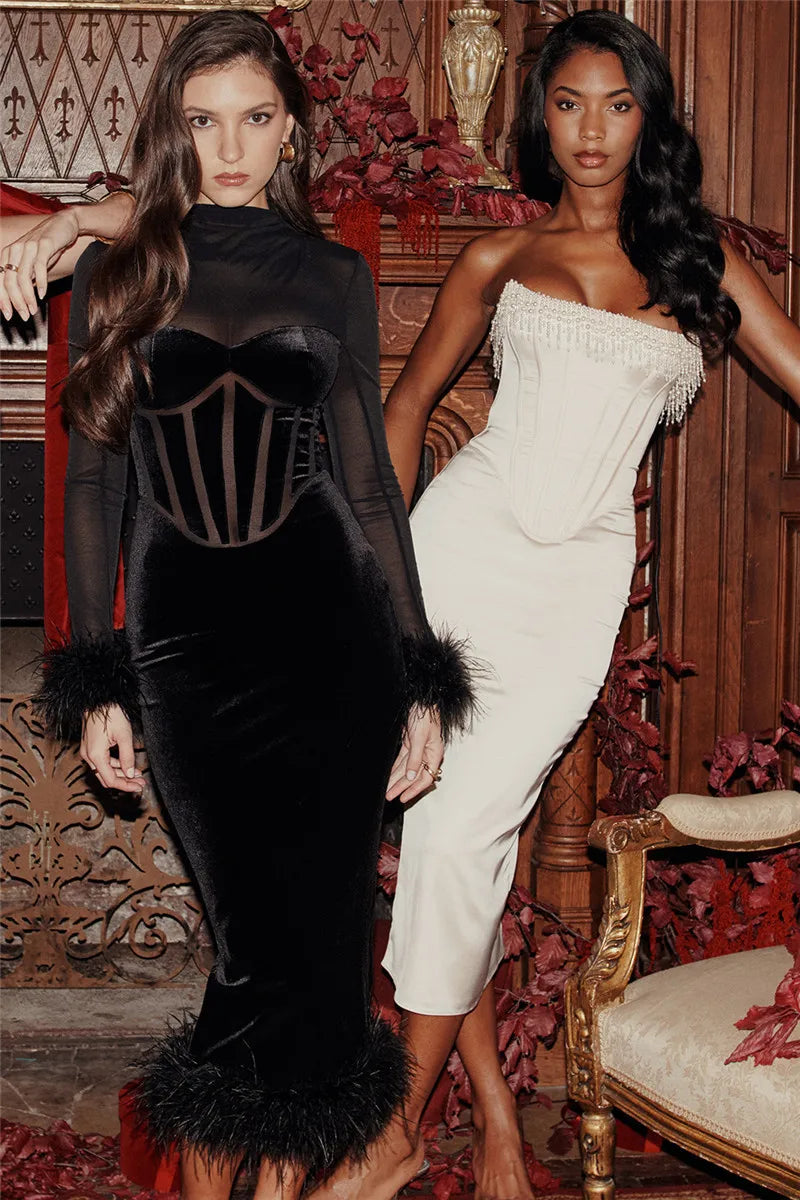 Elegant Feather Sexy Midi Dress For Women Black Fashion Sheer Long Sleeve Backless Bodycon Club Party Long Dress