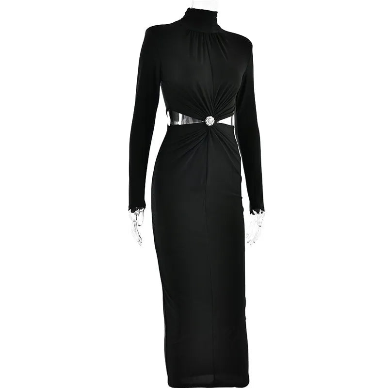 Elegant Hollow Out Sexy Maxi Dress For Women Autumn Winter New Turtleneck Long Sleeve Bodycon Club Party Evening Dress