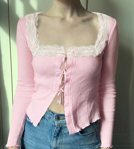 Cutecore Pink Square Neck Female Tee Bow Coquette Clothes Lace Spliced Autumn T-shirts Front Tie-Up Korean Slim Tops