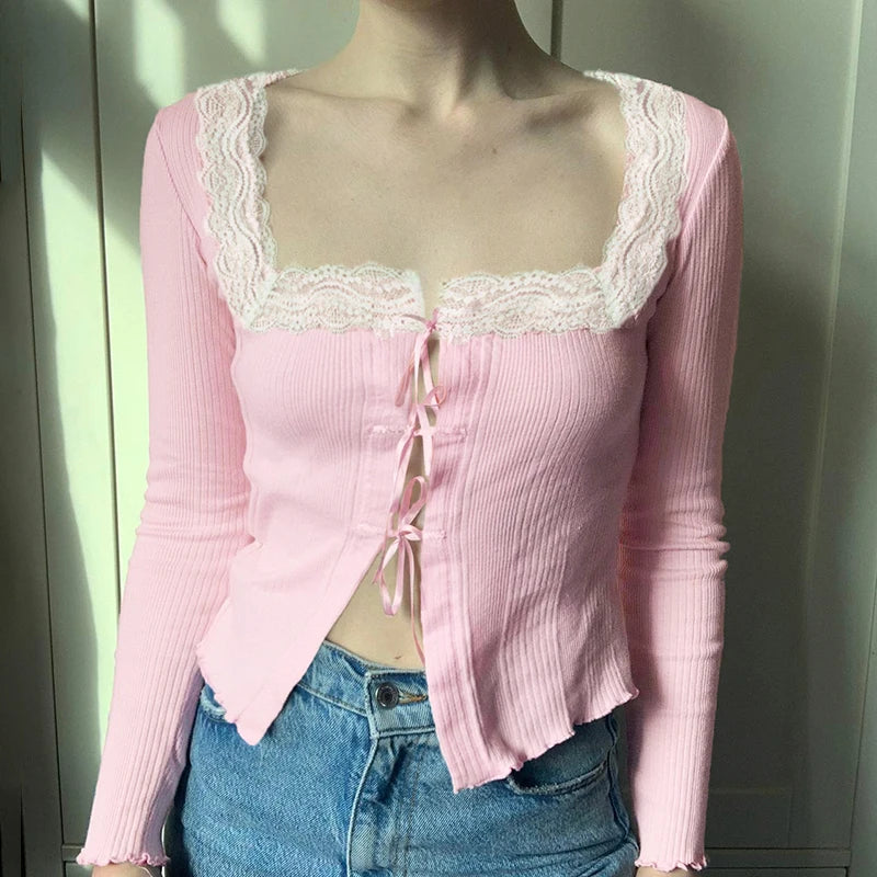 Cutecore Pink Square Neck Female Tee Bow Coquette Clothes Lace Spliced Autumn T-shirts Front Tie-Up Korean Slim Tops