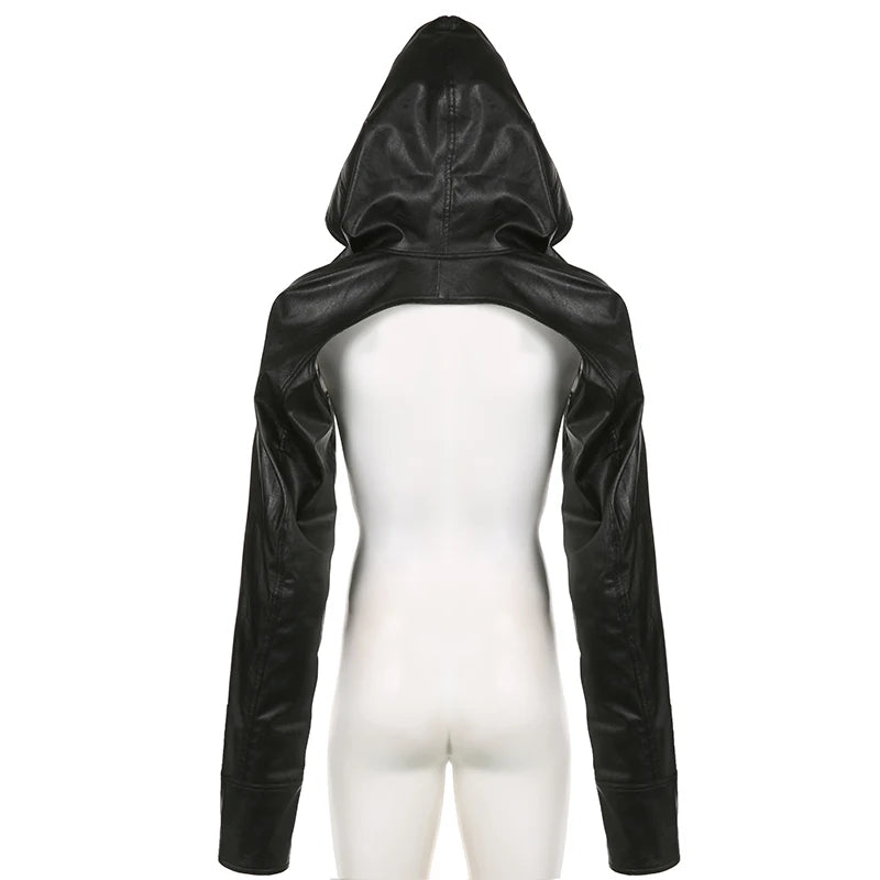 Streetwear Hooded Black Leather Jacket FemaleSuper Short Street Autumn Coat Cardigan Moto Style Cool Trench Jackets