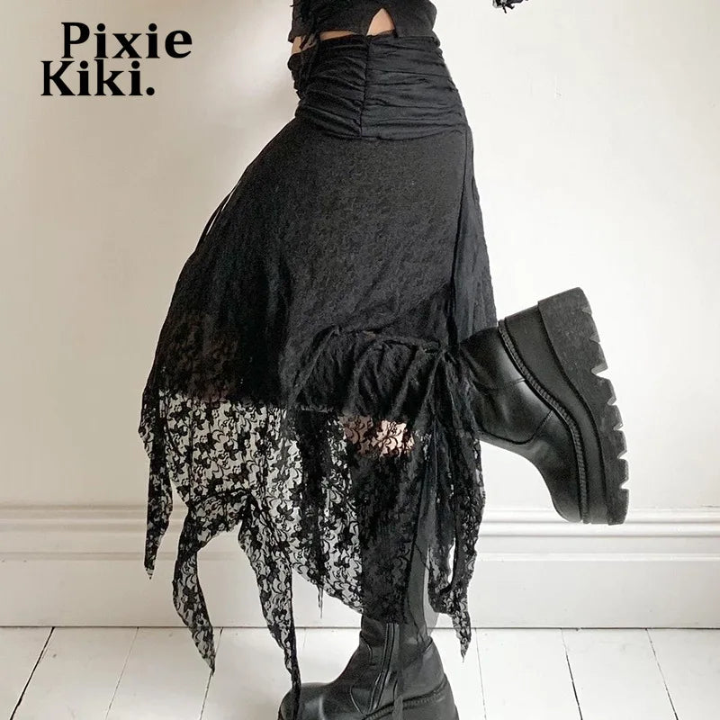 Black Lace Long Skirt Low Rise Trashy Y2k 2000s Asymmetrical Skirts Summer 2024 Women Bottoms P67-EZ20