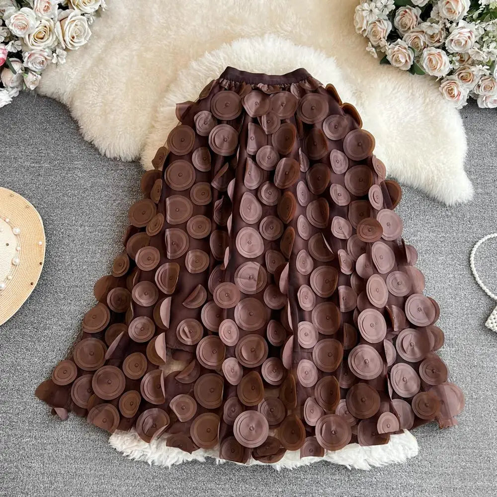 Solid 3d Flower Mesh Splicing Round Polka Dots Casual Skirt Spring Autumn Women Elastic High Waist Midi Skirt Kroean Style Trend