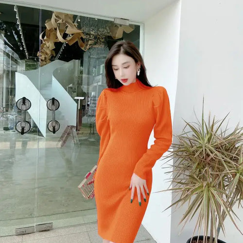 Load image into Gallery viewer, Korean Version Autumn 2024 New Women's Half High Neck Knitted Dress Elegant Festival Slim Long Sleeve Dress Simplicity Clothing
