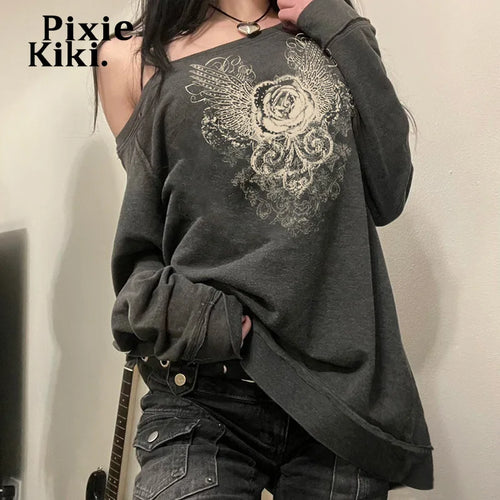 Load image into Gallery viewer, Trashy Y2k Graphic Hoodie Fairy Grunge One Shoulder Long Sleeve Top Street Fashion Pullovers Women P67-CD28
