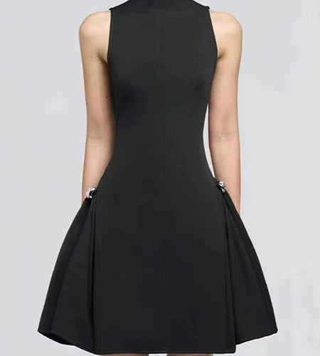 Solid Spliced Folds Slimming Dresses For Women O Neck Sleeveless High Waist Temperament Mini Dress Female Fashion