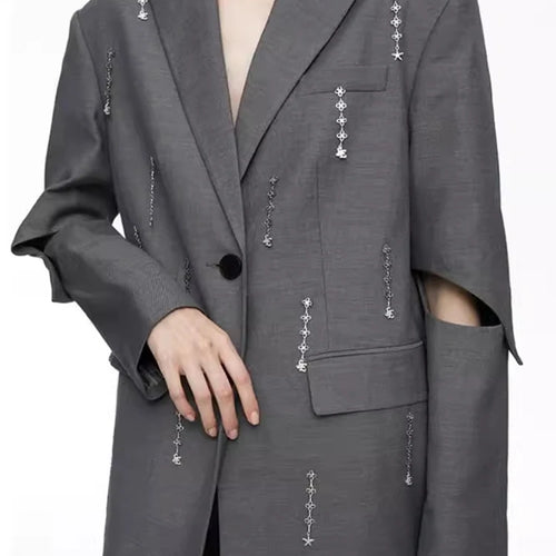 Load image into Gallery viewer, Hollow Out Patchwork Chain Chic Blazers For Women Notched Collar Long Sleeve Spliced Button Minimalist Coat Female Fashion
