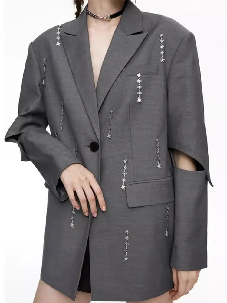 Hollow Out Patchwork Chain Chic Blazers For Women Notched Collar Long Sleeve Spliced Button Minimalist Coat Female Fashion