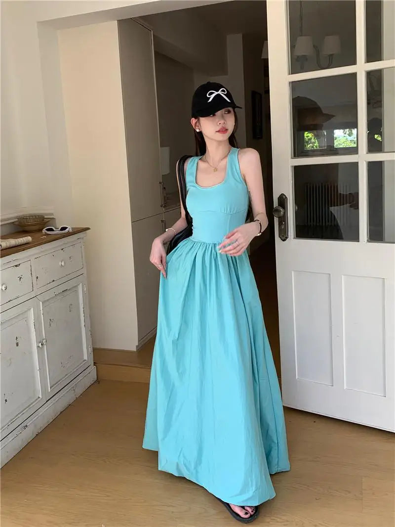 Korean Fashion 2024 Women's Blue High Waist Vacation Vest Long Dress Sleeveness O-neck Party Club Pleated Sundress Summer Simple