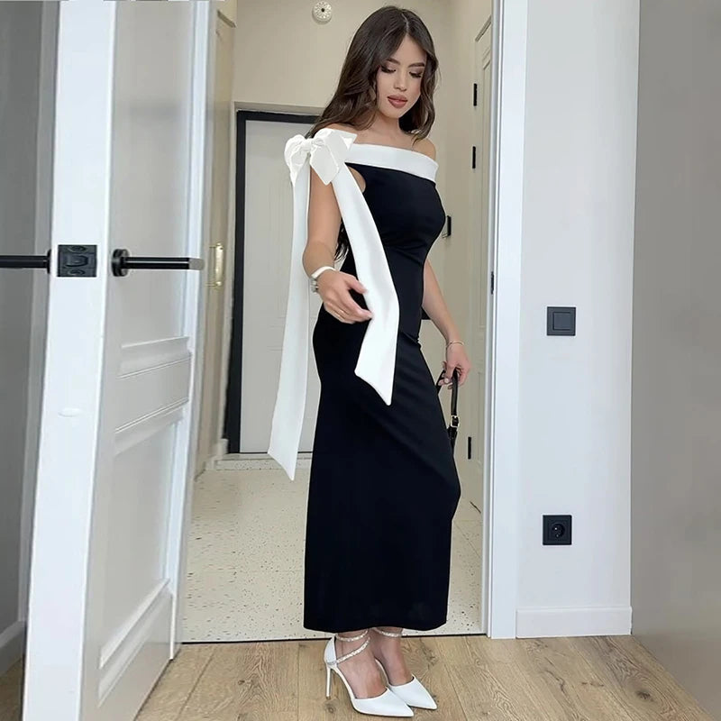 Sleeveless Ribbon Off-shoulder Solid Sexy Autumn Winter Maxi Dress For Women High Waist Bow Bodycon Party Long Dress