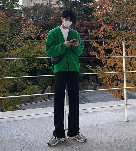 Cardigan Men's Sweater V-neck Autumn Winter Korean Fashion Loose Trend Casual Knitted Coat Solid Color Male Tops