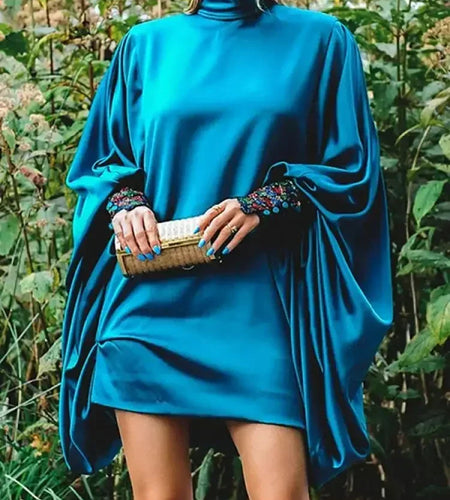 Elegant Evening Dress for Women 2025 Blue Turtleneck Long Batwing Sleeve Loose Fit Above Knee Women Party Dresses