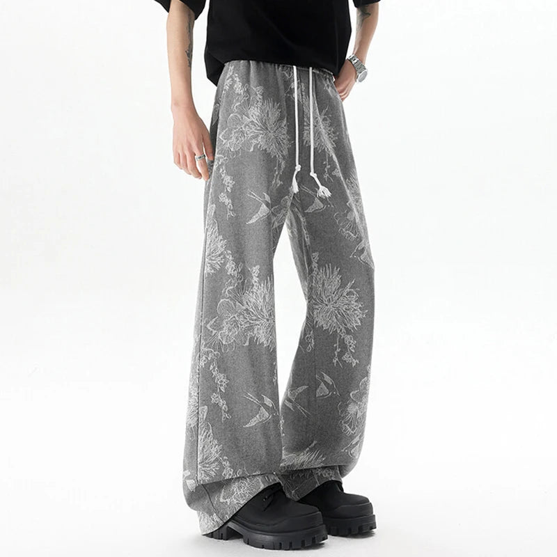 Men's Jeans New Summer New Korean Tide Flower Printed Design Loose Personalized Trendy Male Elastic Waist Trousers 9W1643