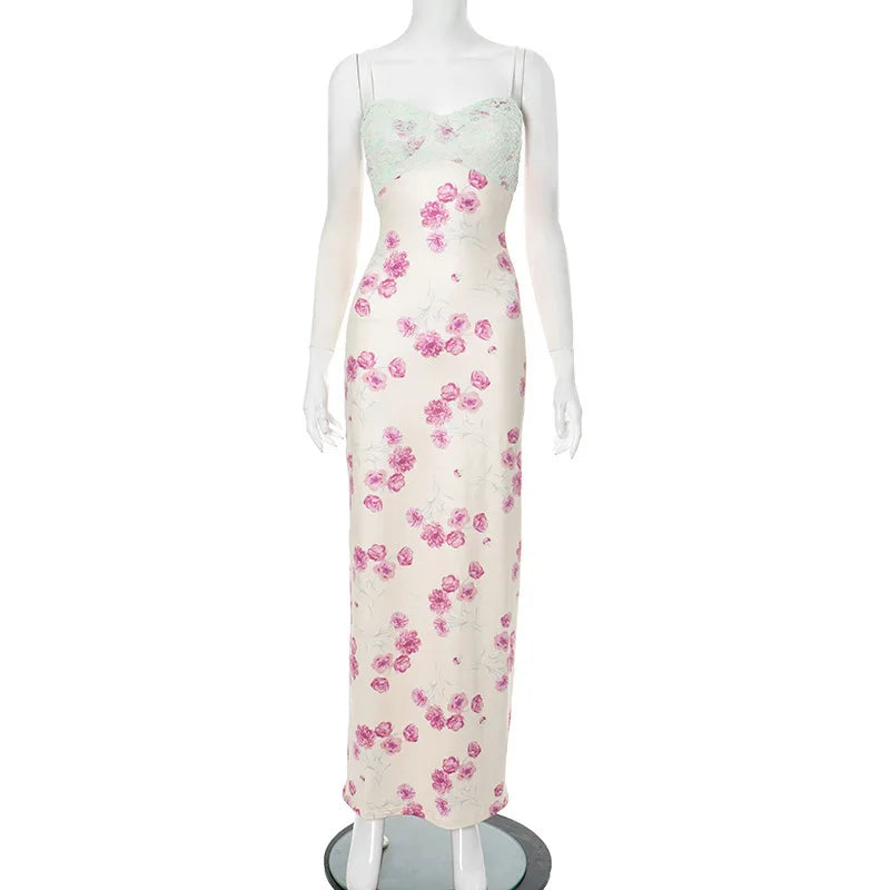 Lace Print Spaghetti Strap Sexy Maxi Dress Women Elegant Off-shoulder Sleeveless Backless High Waist Bodycon Dress