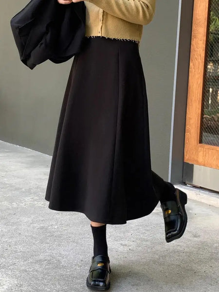 Black Woolen Long Skirt Women Autumn Winter Brown Vintage Elegant Female A Line High Waist Red Umbrella Skirt Thick Fashion