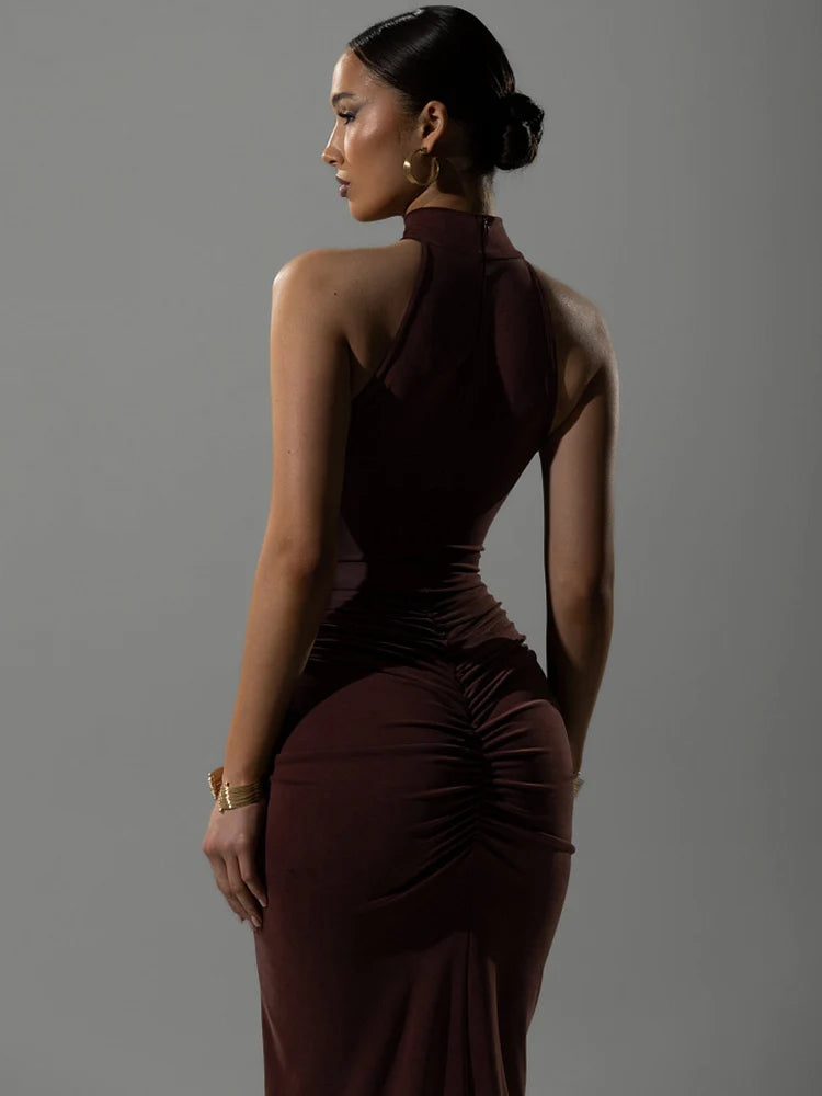 Halter Ruched Sleeveless Sexy Maxi Dress Women Gown Fashion Slim High Waist Evening Club Party Split Long Dress