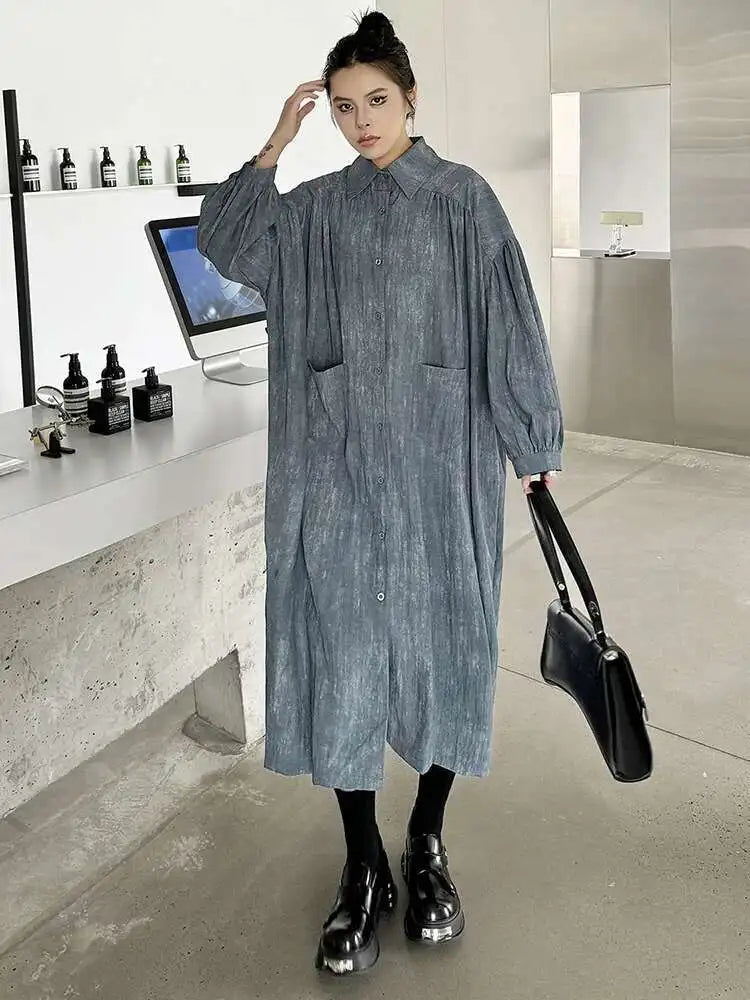 Women Black Tie Dye Pleated Big Size Midi Shirt Dress New Lapel  Long Sleeve Fashion Tide Spring Autumn 2025 1DH6918