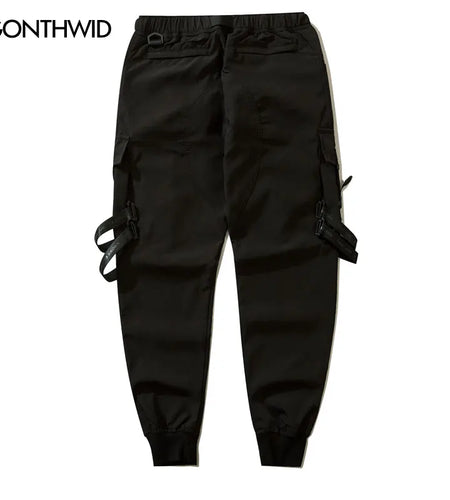 Men Cargo Harem Pants Streetwear Hip Hop Size Ribbon Multi-Pockets Baggy Joggers Autumn Harajuku Casual Loose Trousers Black