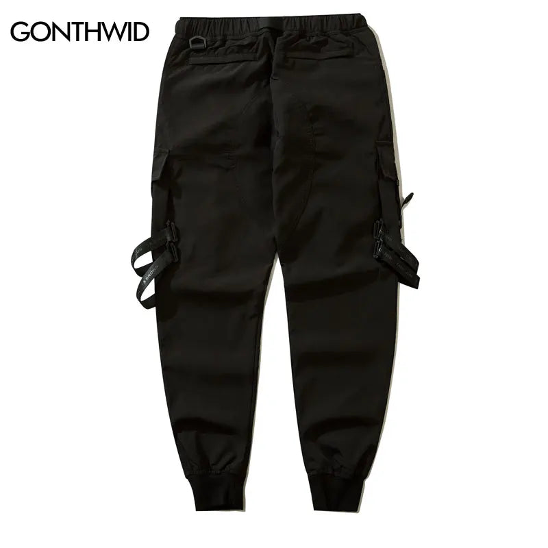 Men Cargo Harem Pants Streetwear Hip Hop Size Ribbon Multi-Pockets Baggy Joggers Autumn Harajuku Casual Loose Trousers Black