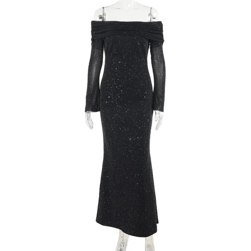 Glitter Off-shoulder Sexy Maxi Dress For Women Gown Black Strapless Long Sleeve Bodycon Club Party Sparkle Long Dress