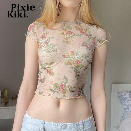 Load image into Gallery viewer, See Through Floral Mesh Tops Summer Clothes for Women Y2k 2000s Vintage Crop Top Shirt Graphic Tees P67-AE10
