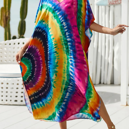 Load image into Gallery viewer, Colorful Kaftan Tunic Beach Cover Up Cover-ups Beach Dress Beach Wear Beachwear Loose Maxi Dress Female Women V4428
